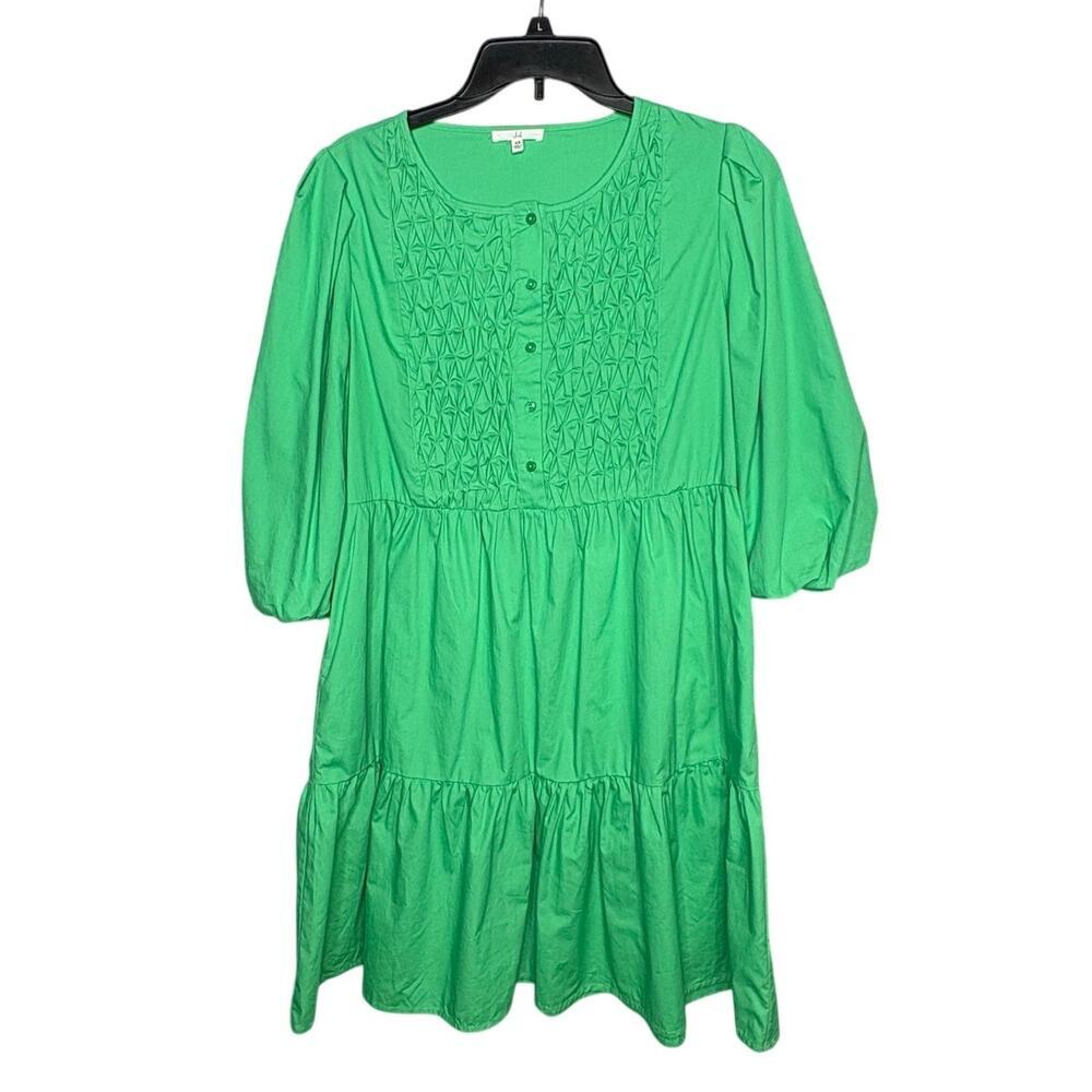 Joh 100% Cotton Puff Sleeve Full Skirt Half Button Down Ruffle Pocket Dress XS